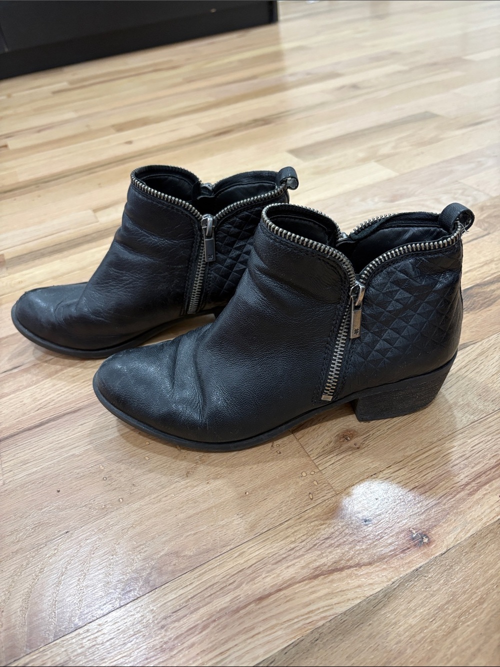 Lucky Brand Black Quilted Leather Ankle Booties with Side Zipper